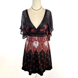 Vintage 2000’s Bebe Silk Black Red White Boho Flowy Babydoll Mini Dress S